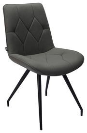 Moderner grauer Stuhl mit gepolsterter Sitzfläche und Rückenlehne, schwarzes Metallgestell, seitliche Perspektive