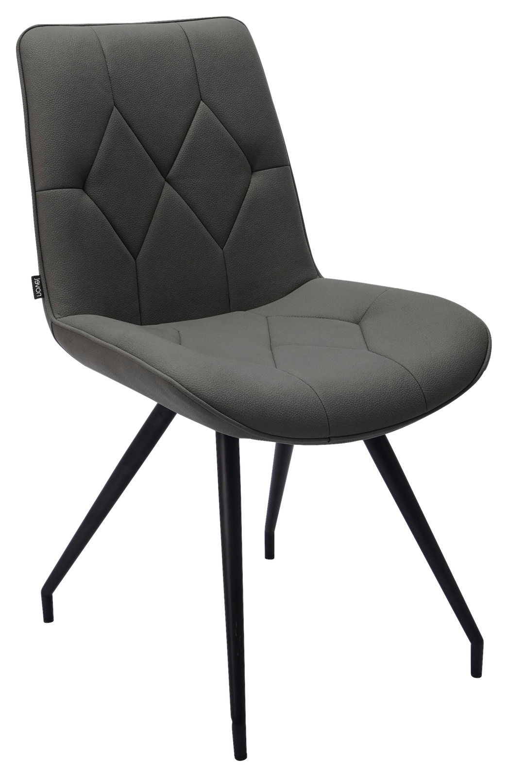 Moderner grauer Stuhl mit gepolsterter Sitzfläche und Rückenlehne, schwarzes Metallgestell, seitliche Perspektive