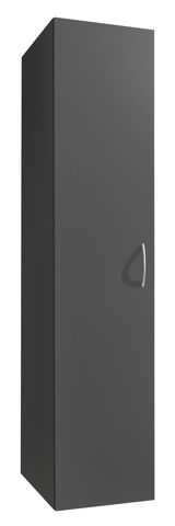 Dunkelgrauer Kleiderschrank mit einer Tür und silbernem Griff, seitliche Perspektive