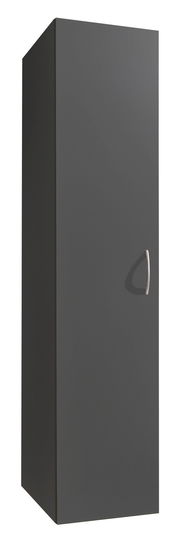 Dunkelgrauer Kleiderschrank mit einer Tür und silbernem Griff, seitliche Perspektive