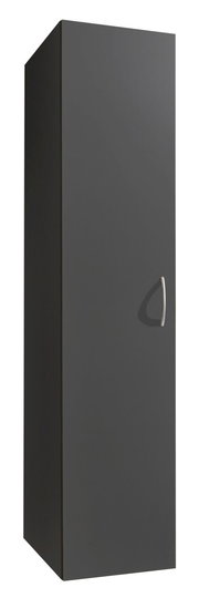 Dunkelgrauer Kleiderschrank mit einer Tür und silbernem Griff, seitliche Perspektive