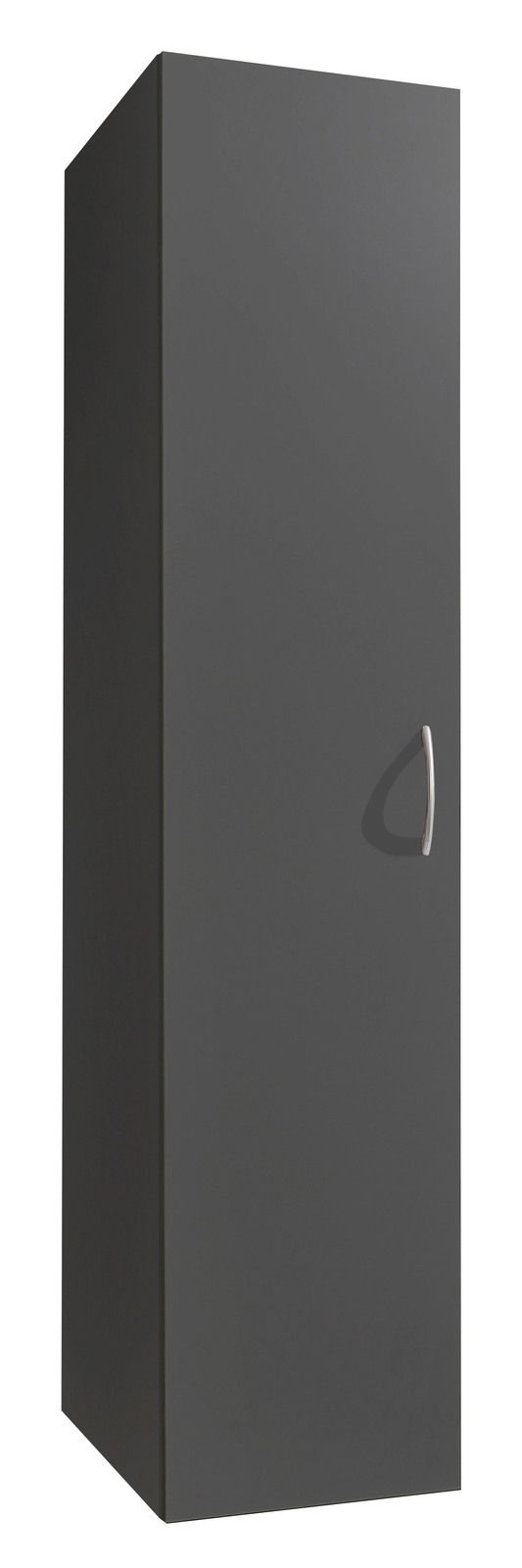 Dunkelgrauer Kleiderschrank mit einer Tür und silbernem Griff, seitliche Perspektive