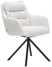 Moderner weißer Armlehnstuhl mit gepolsterter Sitzfläche und Rückenlehne, auf schwarzem Metallgestell, seitliche Perspektive