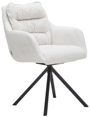 Moderner weißer Armlehnstuhl mit gepolsterter Sitzfläche und Rückenlehne, auf schwarzem Metallgestell, seitliche Perspektive