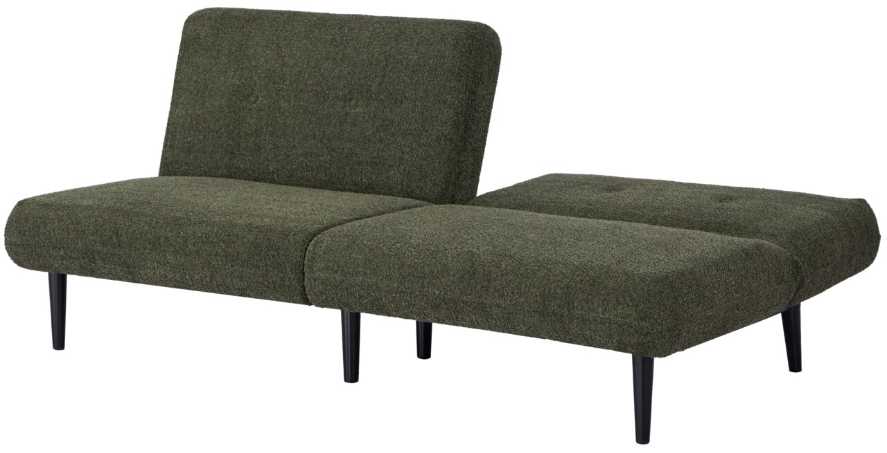 Grünes Funktionssofa mit schwarzem Gestell, seitliche Perspektive