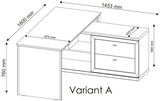 Eckschreibtisch, Variante A, mit den Maßen 1600 mm x 1453 mm x 760 mm, perspektivische Ansicht von oben.