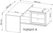 Eckschreibtisch, Variante A, mit den Maßen 1600 mm x 1453 mm x 760 mm, perspektivische Ansicht von oben.