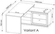 Eckschreibtisch, Variante A, mit den Maßen 1600 mm x 1453 mm x 760 mm, perspektivische Ansicht von oben.