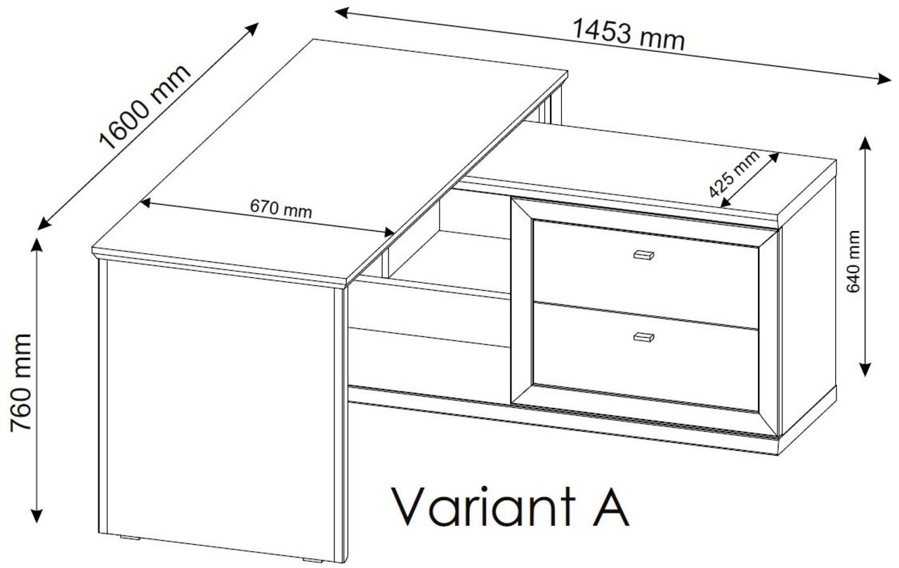 Hoekbureau, variant A, met afmetingen 1600 mm x 1453 mm x 760 mm, perspectivisch bovenaanzicht.