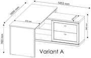 Hoekbureau, variant A, met afmetingen 1600 mm x 1453 mm x 760 mm, perspectivisch bovenaanzicht.
