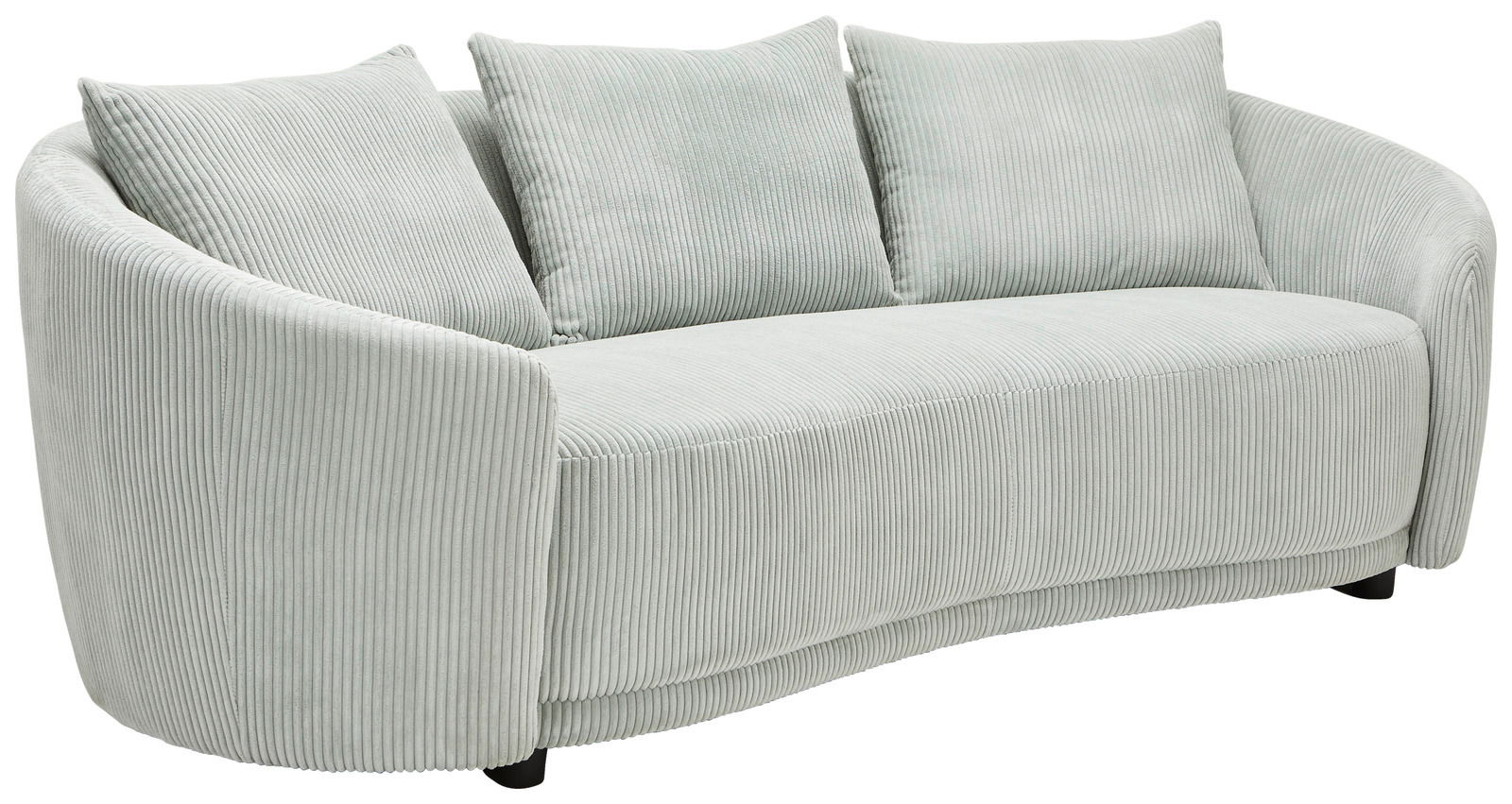 Elegantes, hellgraues 3-Sitzer-Sofa mit gerundeten Armlehnen und weichem, geripptem Stoffbezug, seitliche Perspektive