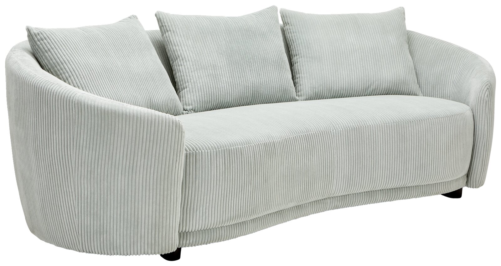 Elegantes, hellgraues 3-Sitzer-Sofa mit gerundeten Armlehnen und weichem, geripptem Stoffbezug, seitliche Perspektive