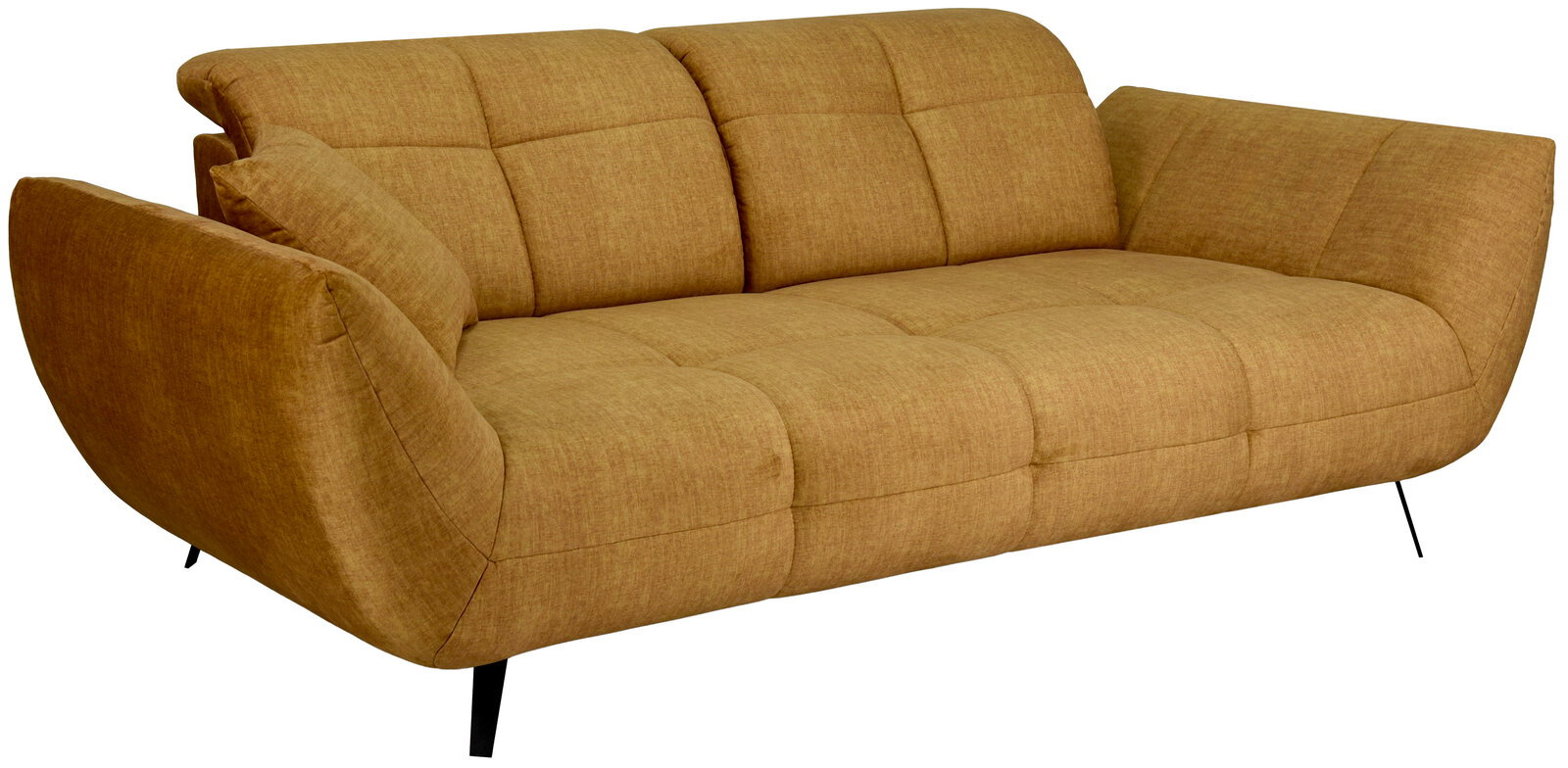 Senfgelbes 2-Sitzer-Sofa mit Stoffbezug, gepolsterter Sitz- und Rückenfläche, breiten Armlehnen und schwarzen Metallfüßen, schräg von vorne links fotografiert