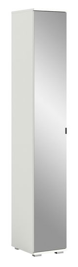 Spiegelschrank in weißer Farbe, frontal und leicht seitlich betrachtet, mit einer verspiegelten Tür.