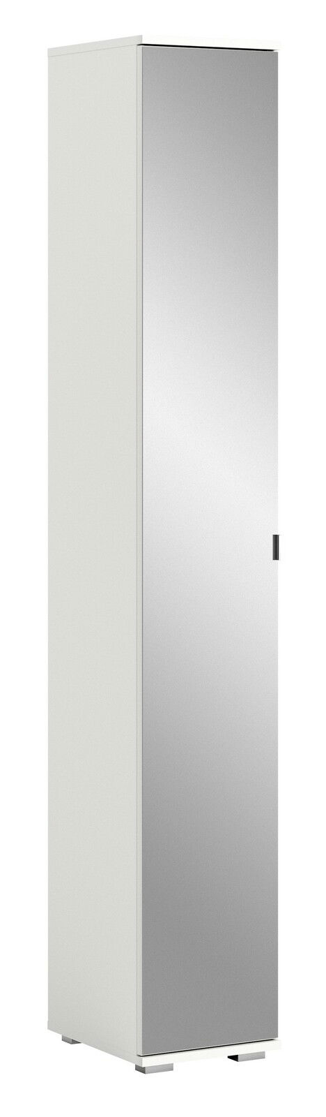 Spiegelschrank in weißer Farbe, frontal und leicht seitlich betrachtet, mit einer verspiegelten Tür.