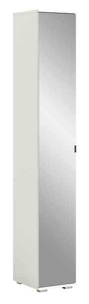 Spiegelschrank in weißer Farbe, frontal und leicht seitlich betrachtet, mit einer verspiegelten Tür.