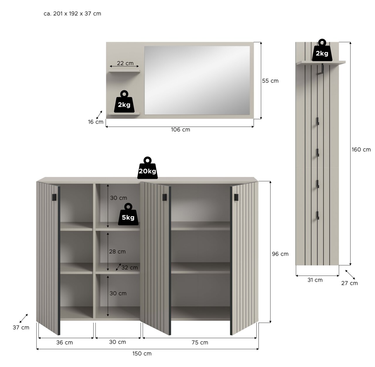Maßskizze eines hellgrauen Möbelsets mit Sideboard (150 x 96 x 37 cm) und Wandspiegel mit Ablage (106 x 55 cm), Vorderansicht mit geöffneten Türen und Maßangaben sowie Seitenansicht eines hohen Schranks (160 x 31 x 27 cm)