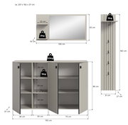 Maßskizze eines hellgrauen Möbelsets mit Sideboard (150 x 96 x 37 cm) und Wandspiegel mit Ablage (106 x 55 cm), Vorderansicht mit geöffneten Türen und Maßangaben sowie Seitenansicht eines hohen Schranks (160 x 31 x 27 cm)