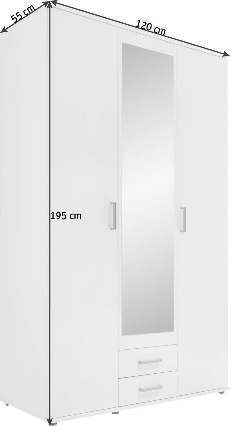 Drehtürenschrank 3-türig in Weiß mit Spiegel in der Mitte, zwei Schubladen unten und einer Höhe von 195 cm, seitliche Perspektive
