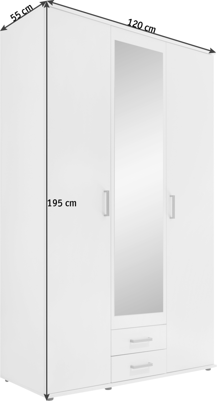 Drehtürenschrank 3-türig in Weiß mit Spiegel in der Mitte, zwei Schubladen unten und einer Höhe von 195 cm, seitliche Perspektive