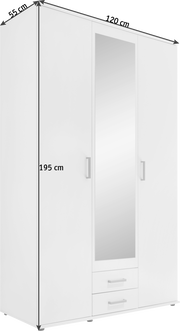 Drehtürenschrank 3-türig in Weiß mit Spiegel in der Mitte, zwei Schubladen unten und einer Höhe von 195 cm, seitliche Perspektive
