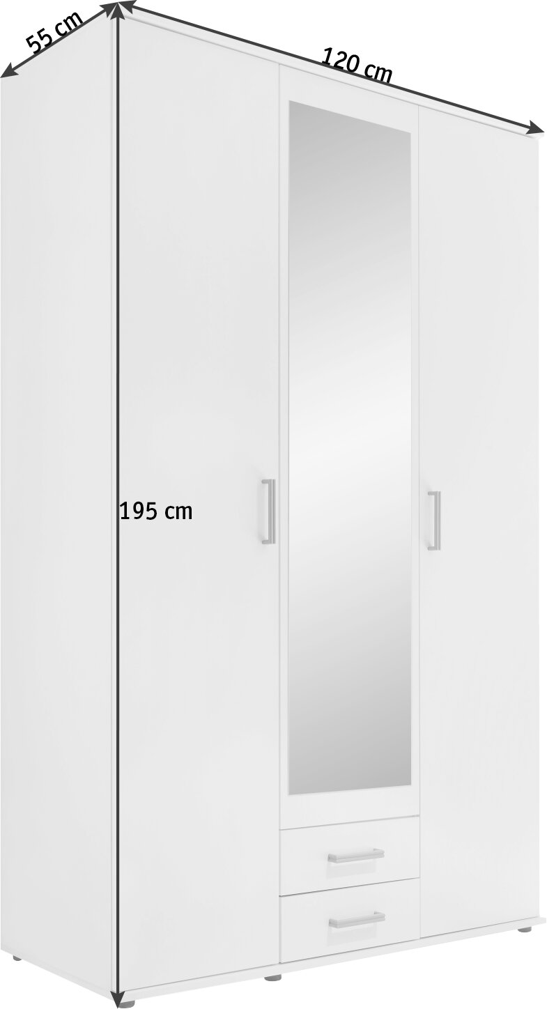 Drehtürenschrank 3-türig in Weiß mit Spiegel in der Mitte, zwei Schubladen unten und einer Höhe von 195 cm, seitliche Perspektive