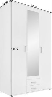 Drehtürenschrank 3-türig in Weiß mit Spiegel in der Mitte, zwei Schubladen unten und einer Höhe von 195 cm, seitliche Perspektive
