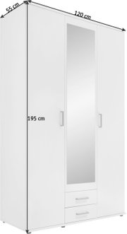 Drehtürenschrank 3-türig in Weiß mit Spiegel in der Mitte, zwei Schubladen unten und einer Höhe von 195 cm, seitliche Perspektive