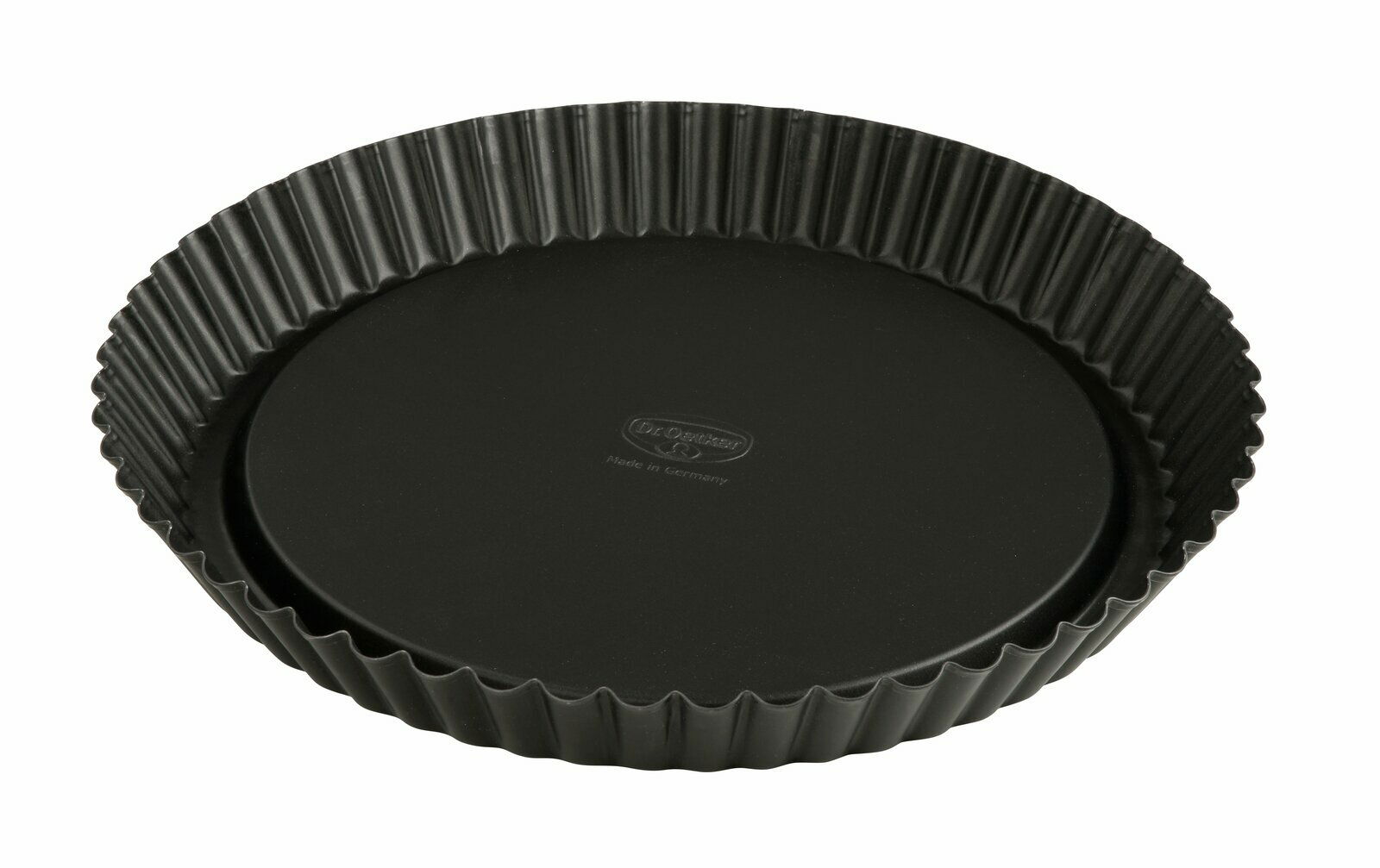 Schwarze Obstkuchenform mit geriffeltem Rand, Draufsicht