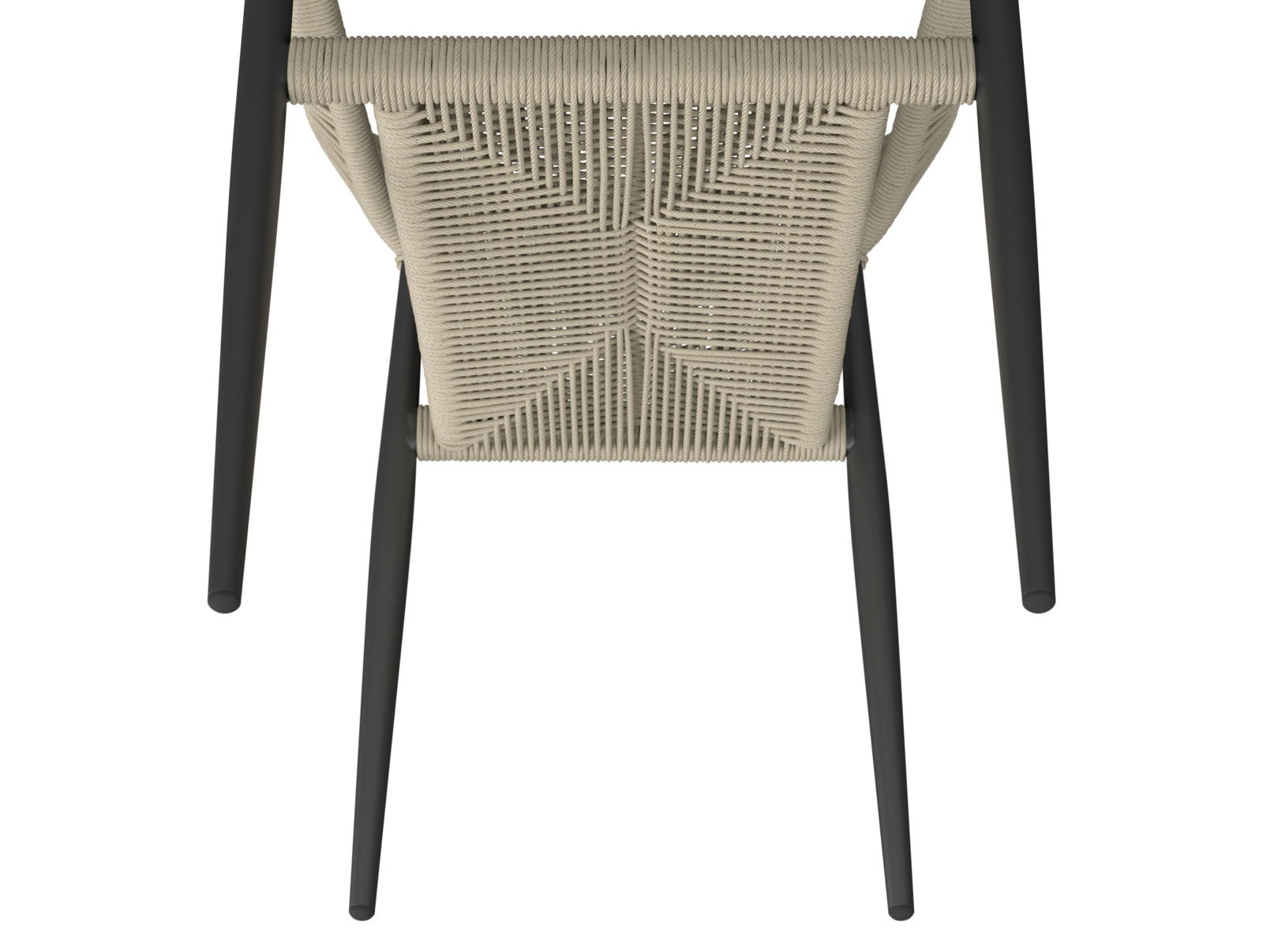 Ansicht von oben auf einen Stapelsessel mit geflochtener Sitzfläche und schwarzen Beinen.