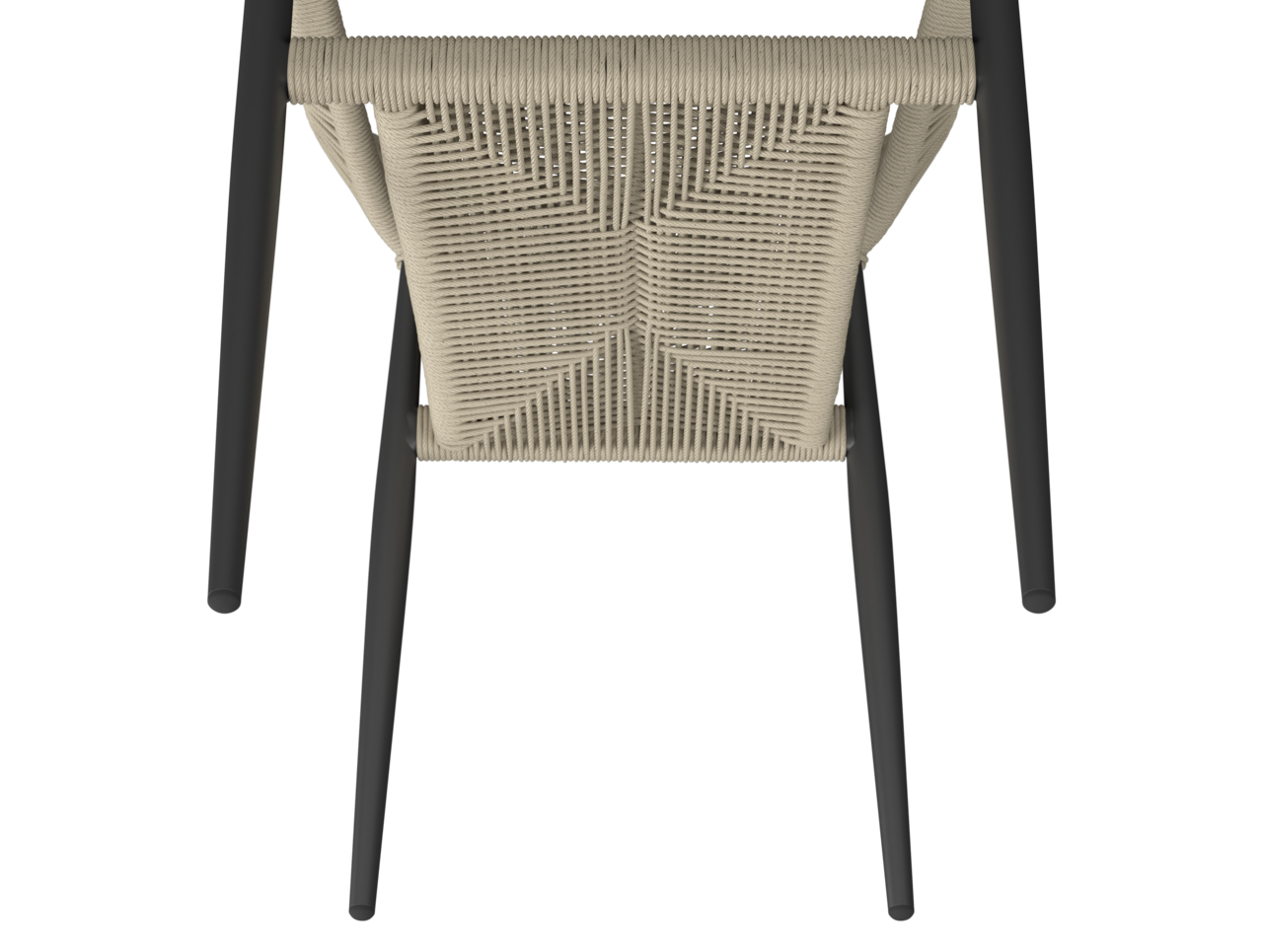 Ansicht von oben auf einen Stapelsessel mit geflochtener Sitzfläche und schwarzen Beinen.