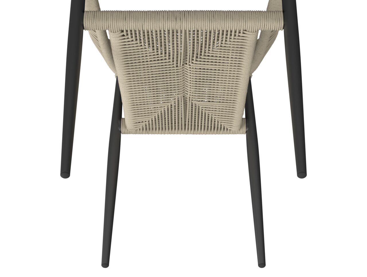 Ansicht von oben auf einen Stapelsessel mit geflochtener Sitzfläche und schwarzen Beinen.