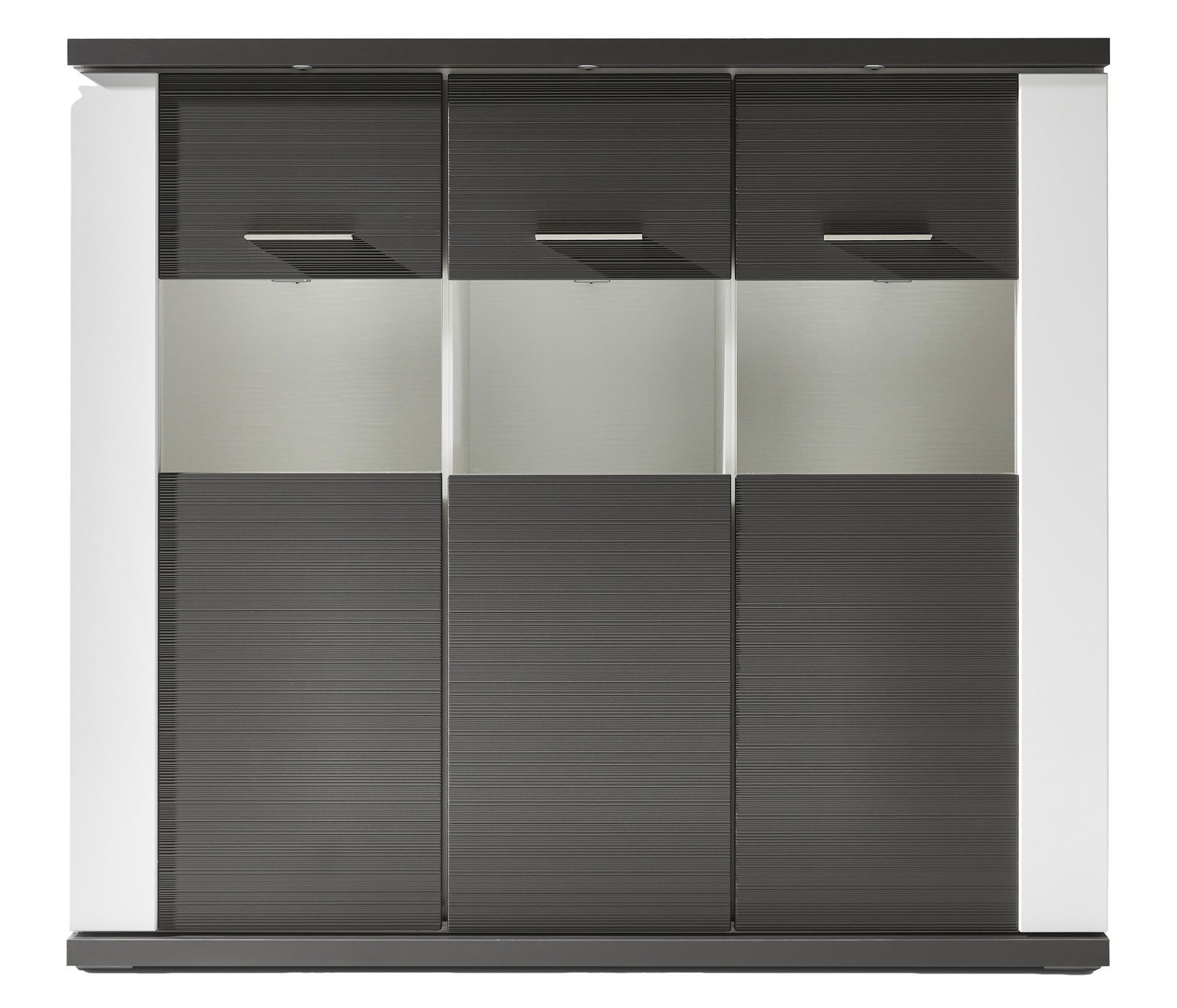 Modernes Highboard mit drei Türen in dunklem Holzdesign und silbernen Griffen, Frontalansicht