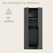 Offener, hoher Kleiderschrank in Anthrazit mit zwei Türen und Innenfächern, frontal aus leicht schräger Perspektive dargestellt; links Icons und Text „Viel Stauraum & Ordnung“, „viel Stauraum“ und „Kippschutzsicherung“.