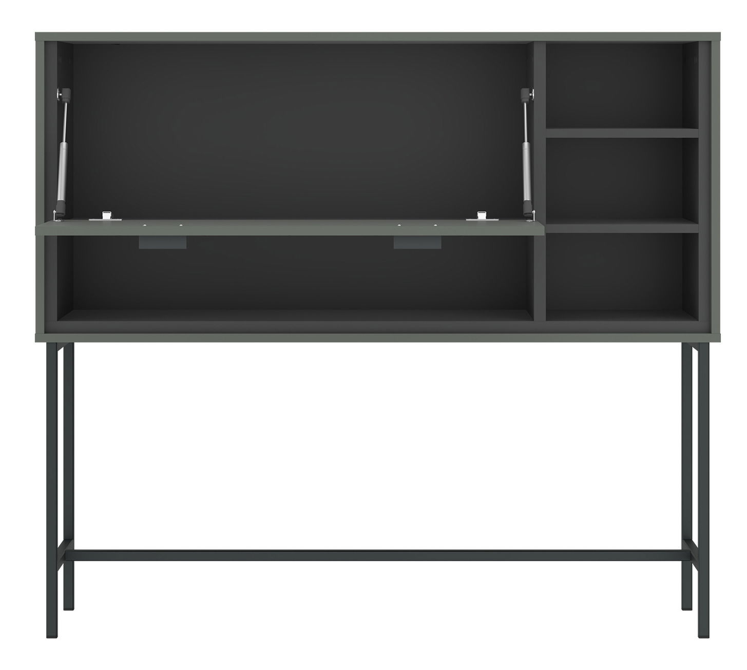 Moderner Barschrank SHIRLEY in grauer Farbe mit offenen Fächern und Klapptür, frontal betrachtet.