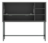 Moderner Barschrank SHIRLEY in grauer Farbe mit offenen Fächern und Klapptür, frontal betrachtet.