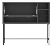 Moderner Barschrank SHIRLEY in grauer Farbe mit offenen Fächern und Klapptür, frontal betrachtet.