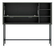 Moderner Barschrank SHIRLEY in grauer Farbe mit offenen Fächern und Klapptür, frontal betrachtet.