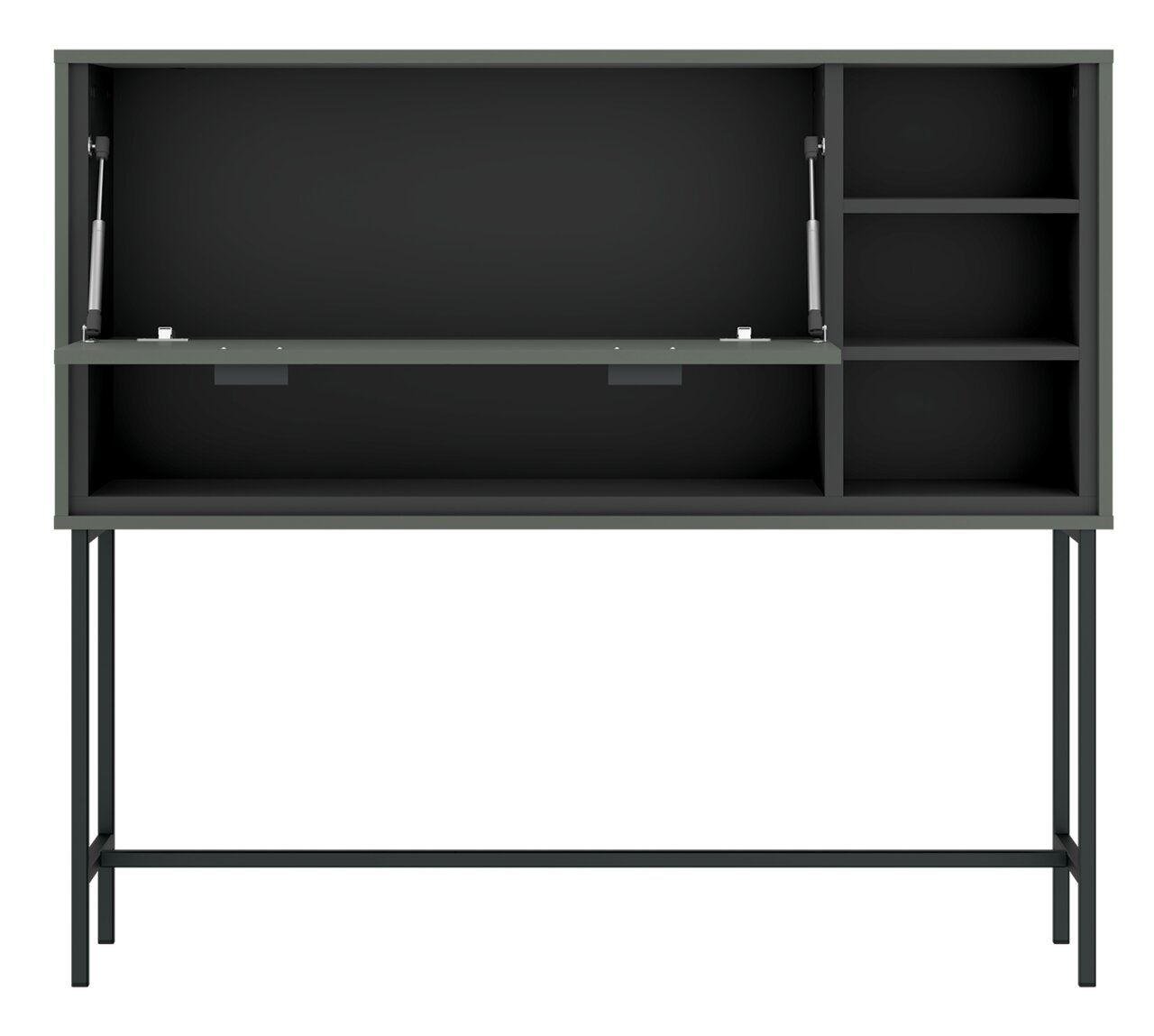 Moderner Barschrank SHIRLEY in grauer Farbe mit offenen Fächern und Klapptür, frontal betrachtet.