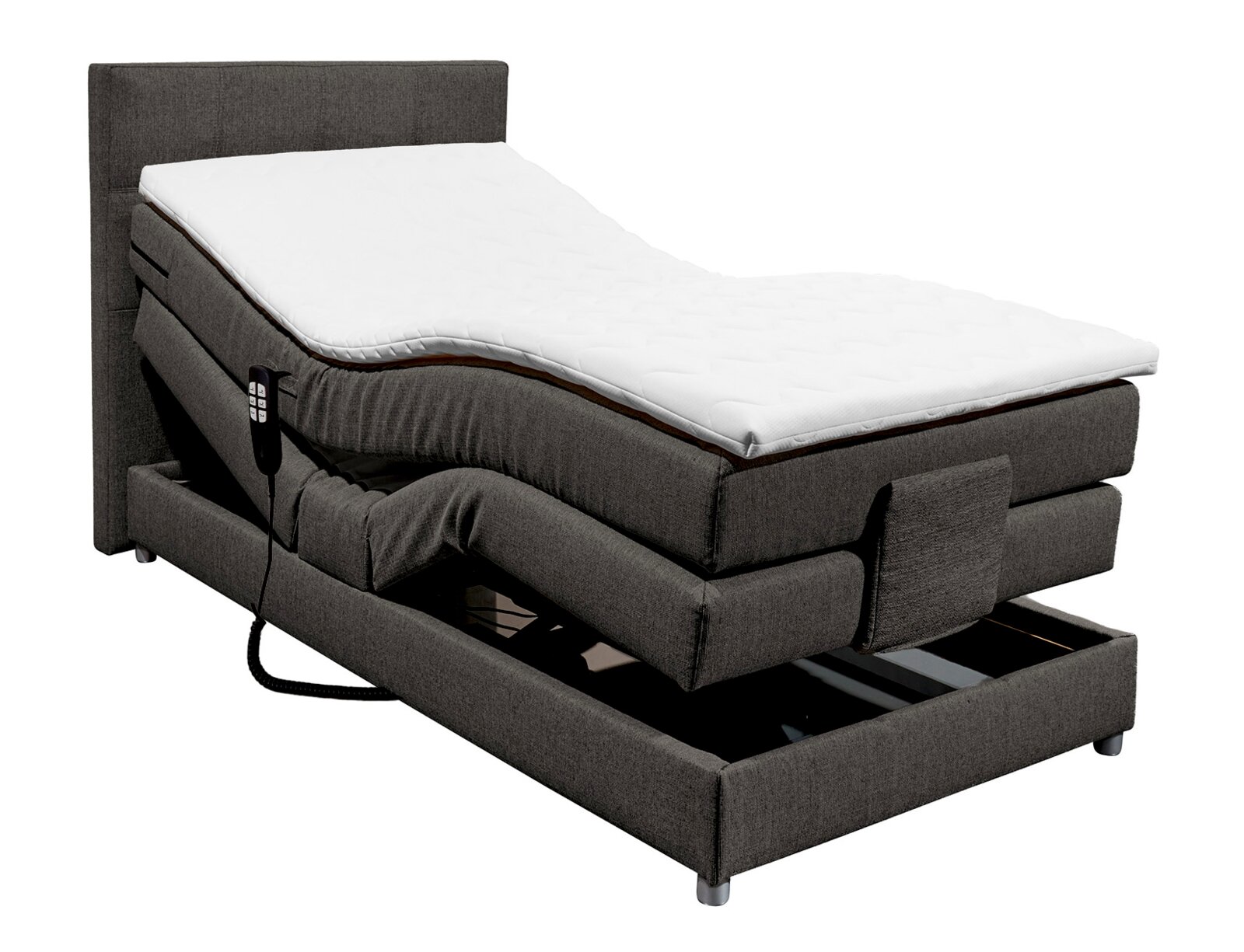 Boxspringbett mit verstellbarer Matratze in seitlicher Perspektive