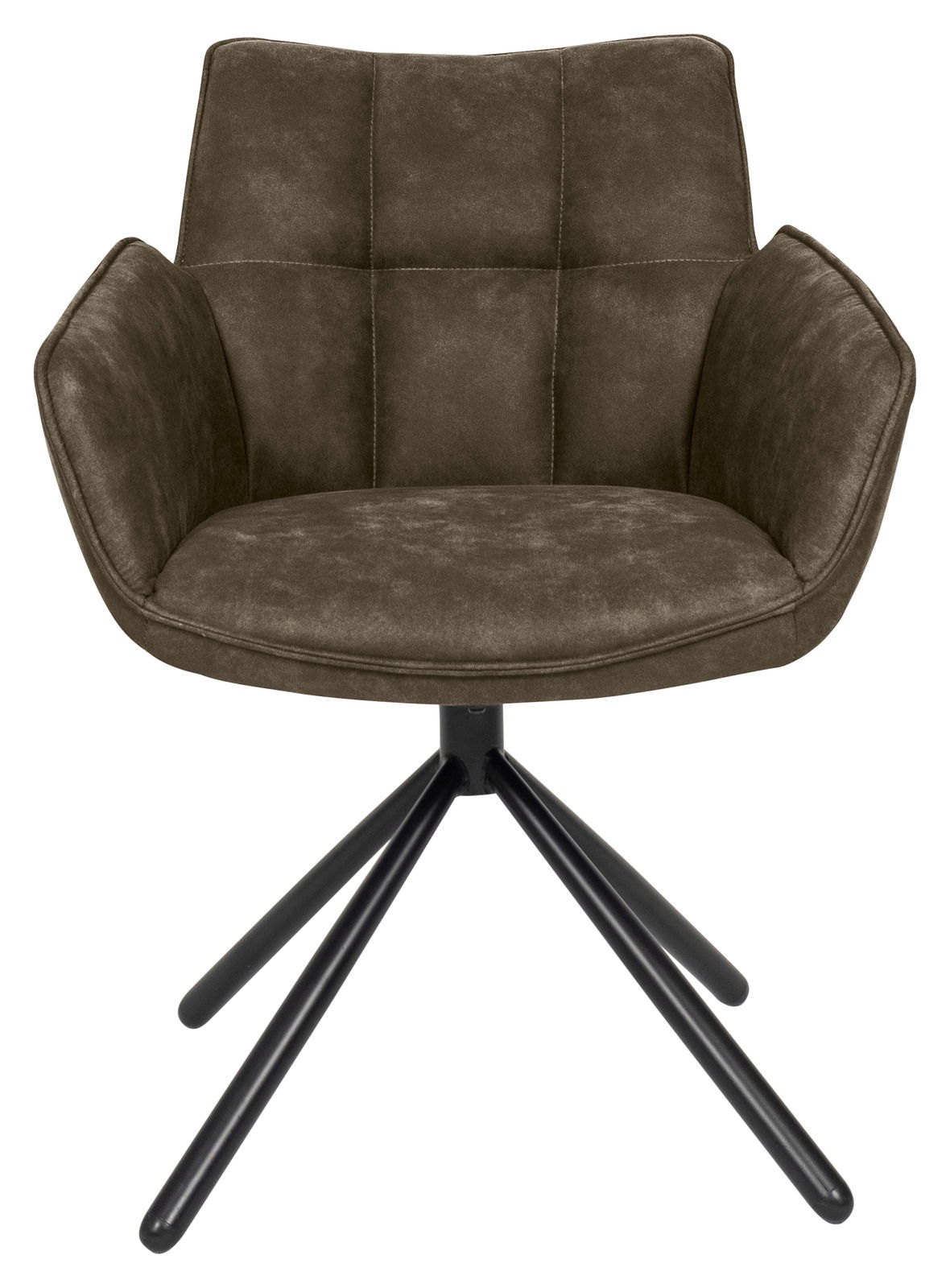 Frontansicht eines modernen Armlehnstuhls mit gepolstertem Sitz und schwarzem Metallgestell.