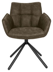 Frontansicht eines modernen Armlehnstuhls mit gepolstertem Sitz und schwarzem Metallgestell.