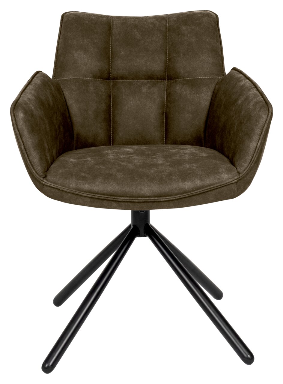 Frontansicht eines modernen Armlehnstuhls mit gepolstertem Sitz und schwarzem Metallgestell.