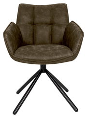 Frontansicht eines modernen Armlehnstuhls mit gepolstertem Sitz und schwarzem Metallgestell.