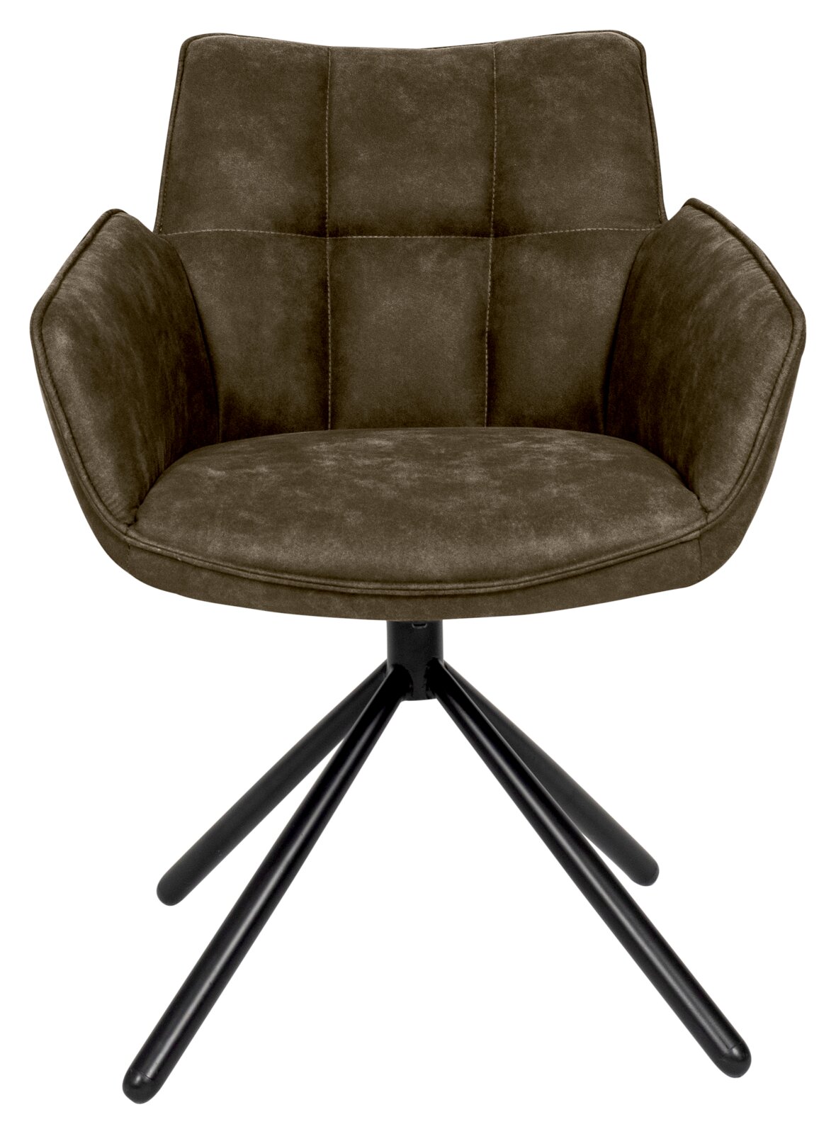 Frontansicht eines modernen Armlehnstuhls mit gepolstertem Sitz und schwarzem Metallgestell.