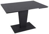 Moderner schwarzer Esstisch mit rechteckiger Tischplatte und zentralem Standfuß, seitliche Perspektive