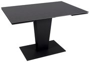 Moderner schwarzer Esstisch mit rechteckiger Tischplatte und zentralem Standfuß, seitliche Perspektive