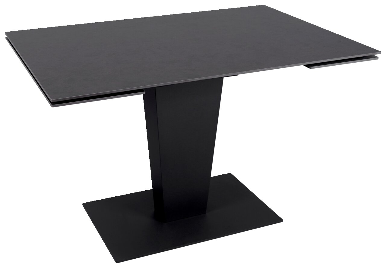 Moderner schwarzer Esstisch mit rechteckiger Tischplatte und zentralem Standfuß, seitliche Perspektive