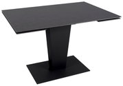 Moderne zwarte eettafel met rechthoekig tafelblad en centrale poot, zijaanzicht