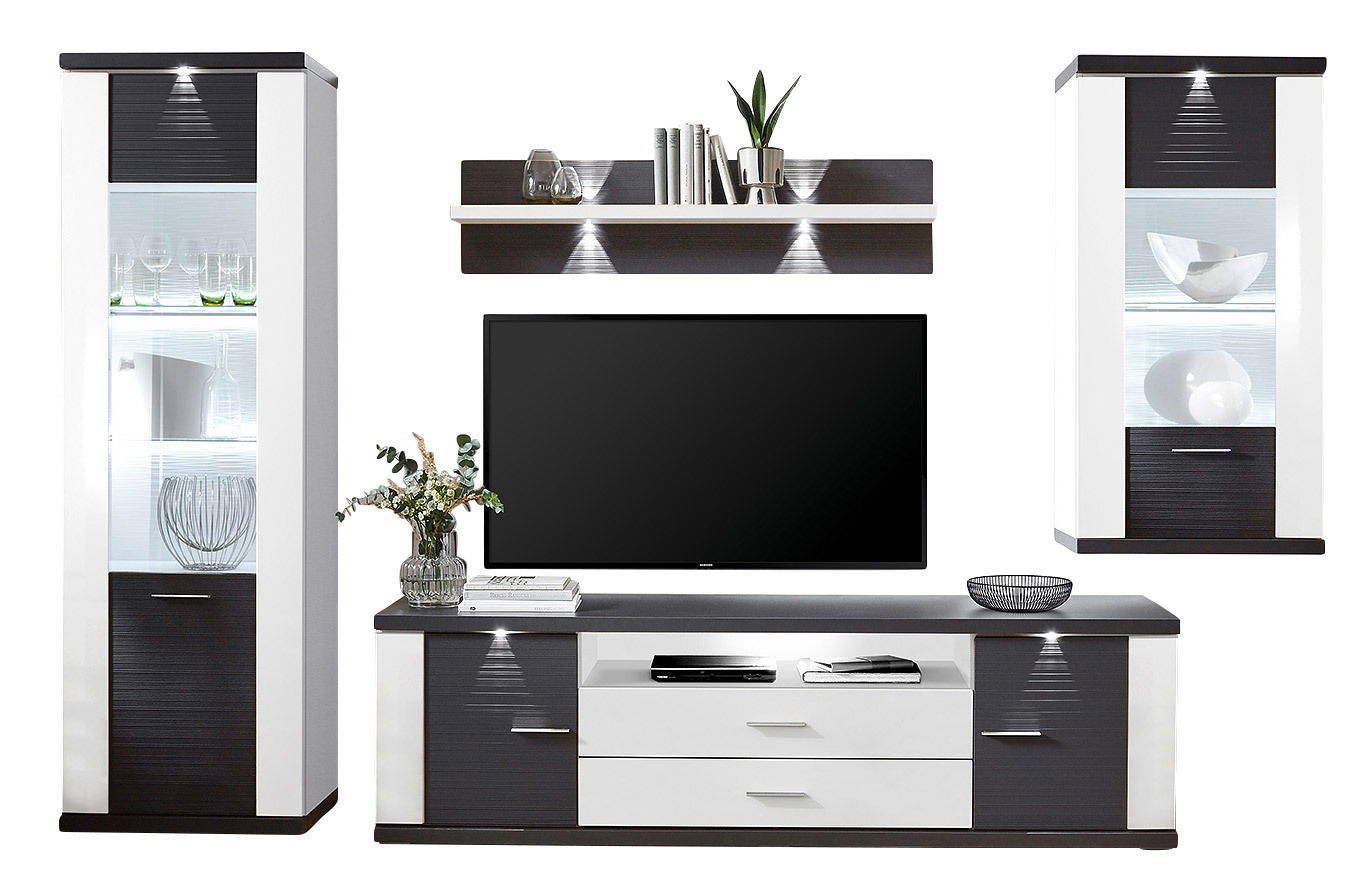 Moderne Wandkombination XORA MANHATTAN in Schwarz und Weiß, bestehend aus zwei Vitrinen, einem TV-Board und einem Wandregal, frontal abgebildet.